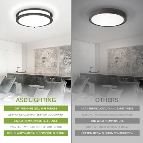 Image of ASD LED 12 inch Round Flush Mount Lighting, Close to Ceiling Light Fixture | 3CCT, Dimmable, Energy Star, ETL Listed | 20W 1532LM 3000-5000K 120V | Low Profile Double Ring Lamp | Black