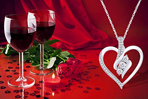 Affy 1/4Cttw Round Cut White Natural 3 Stone Diamond Heart Pendant Necklace In 14K White Gold Over Sterling Silver (0.25 Ct) With 18" Chain For Women #TOP6