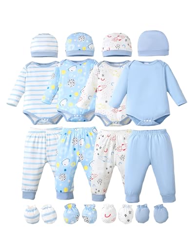 NZRVAWS Newborn Baby Boy Girl Clothes Unisex Infant Romper Pants Set Hat 4-Pack Outfits 0-12 Months 16 Pieces Toddler