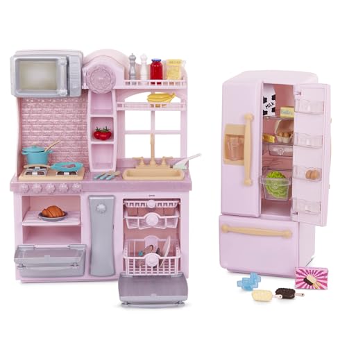 Our Generation - Frigidaire Rose et kit de Cuisine - Cuisine et Aliments factices - Accessoires pour poupées de 46 cm - Jeu imaginatif - 3 Ans et +