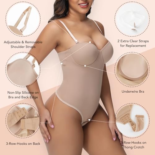 Image of SHAPERIN Women's Tummy Control Shapewear Bodysuits Strapless Low Back Body Shaper with Built-in Bra & Removable Straps