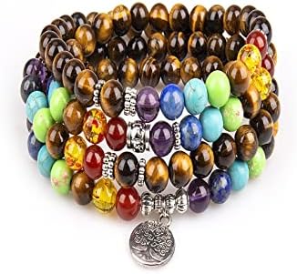 Addmluck Mala Beads,108 Tiger Eye Gemstone Stone Wrist Mala Bracelet Necklace Tibetan Prayer Bead(Tiger Eye,Tree)