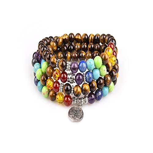 Addmluck Mala Beads,108 Tiger Eye Gemstone Stone Wrist Mala Bracelet Necklace Tibetan Prayer Bead(Tiger Eye,Tree) #TOP2