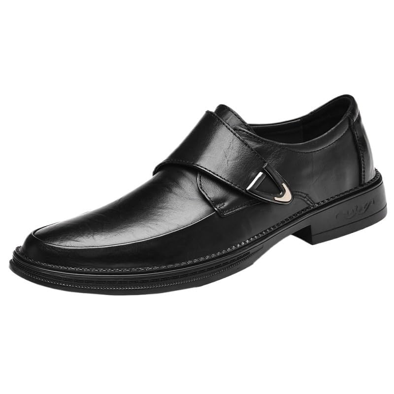 Mens Leather Slip-On Dress Shoes Pointed Toe Formal Footwear Solid Color Low Top Comfortable Block Heel Non-Slip Sole