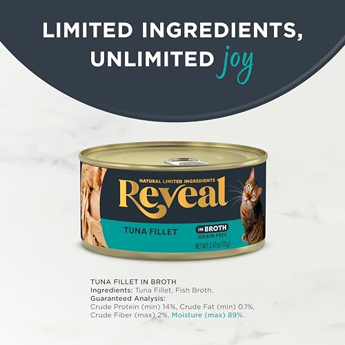 Image of Reveal Natural Wet Cat Food, 24 Count, Grain Free, Limited Ingredient Canned Food for Cats, Tuna Fillet in Broth, 2.47 oz Cans | 100% Natural, High Quality Protein, Limited Ingredient, Grain Free, Complementary Food, No Fillers, No Artificial Additives