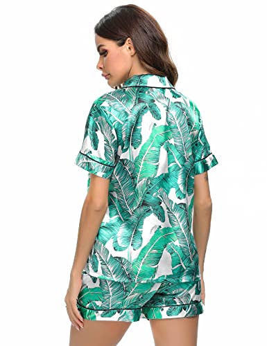 Image of LecGee Womens Silk Satin Pajamas Short Sleeve Loungewear Two-Piece Sleepwear Button-Down Pj Set