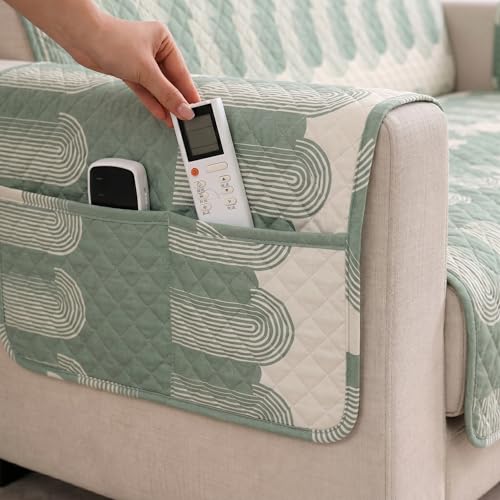 Image of STITCHNEST 'CloudFeel Series' Quilted Printed Velvet Sofa Cover for 1 Seater | Premium Soft Velvet Sofa Protector | Green Geometric Arch Design with Armrest Pockets | Furniture Cover