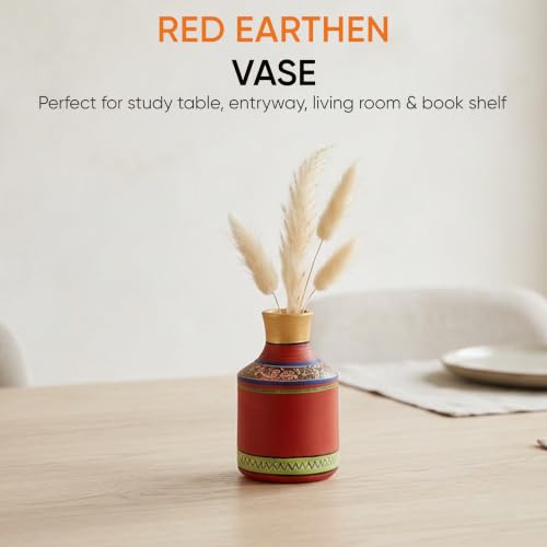 Image of Aakriti Art Creations Handcrafted Red Madhubani Terracotta Vase (7.2x4.5 HxD) | Traditional Hand-Painted Flower Vase | Matte Finish Decorative Vase for Living Room Decor, Table Decor & Gifting
