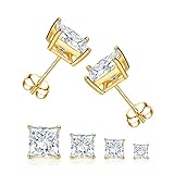 4 Pairs Real Gold Plated Square Stud Earring Set, Princess Cut Clear Cubic Zirconia Hypoallergenic E