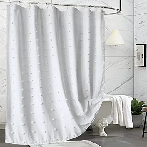 Estmy Rideau de douche blanc touffeté bohème de 91,4 cm de large, pompons à pois, simple, mignon, moderne, petit, très résistant, hydrofuge, lavable