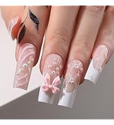 MqpQ Cute Long Press On Nails Square Fake Nails Handmade 3d Gel Heart-shaped Pink Bow Design Fren...
