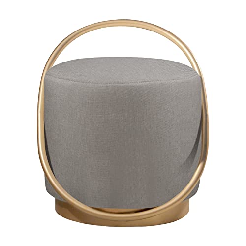 Puff Redondo Lunar em Linho e Base Metal Dourado Agarb Decor Cor:Linho Cinza