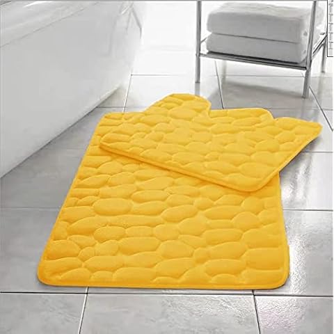 Rainbow Style Memory Foam Bath Mat 2 Piece Set Pebbles Non Slip Pedestal and Bath Mat Toilet Bathroom COLOUR OCHRE Cover
