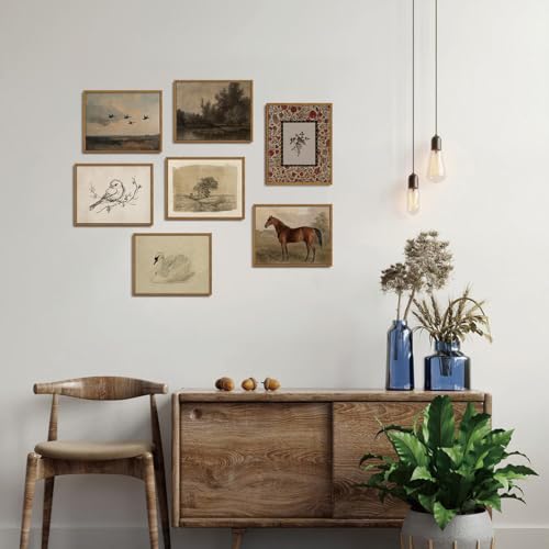 Image of KISSFOX Vintage Framed Wall Art Decor Rustic Flowers Birds Pictures Wall Decor Botanical Floral Canvas Art Prints Red Natural Farmhouse Paintings Artwork For Bedroom Kitchen Living Room