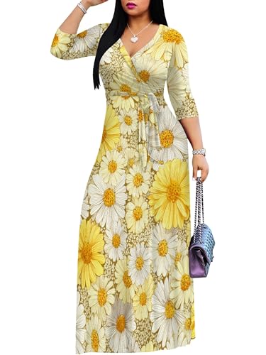 Image of Plus Size Dresses for Women Floral Print Maxi Dress Flowy 3 /4 Sleeve with Belt