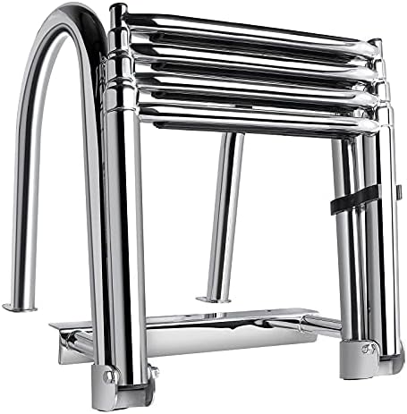 Marinebaby 4 Steps Pontoon Boat Ladder, 316 Stainless Steel Folding Telescoping Inboard Ladder Heavy Duty Custom Swim Deck Ladder with Hand Railing Dock Ladder Extra Wide Steps