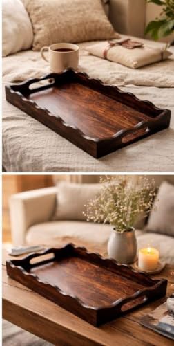 Image of Hamdan Large Serving Tray, Tray with Cutout Handles, Rectangle Butler Tray for Breakfast in Bed, Coffee Table Decor, Party (8x6)
