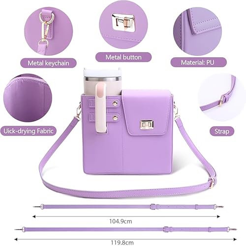 Image of House of Quirk Outdoor Portable Crossbody Tumbler Holder Bag with Purse Compartment - Travel Water Bottle Carrier for Hiking, Walking, Camping (Mauve)