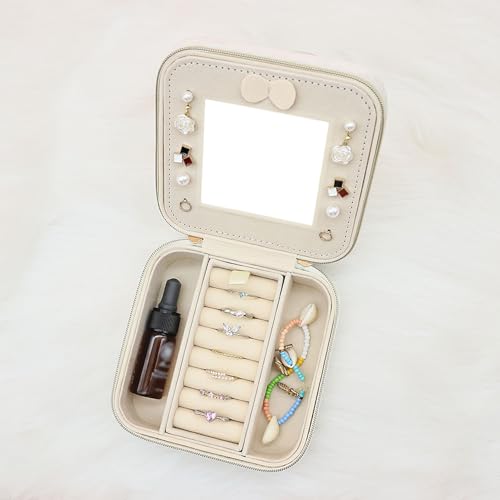 Cuifdem Travel Jewelry Organizer Small Jewelry Box With Mirror, Velvet Jewelry Travel Case for Women, Mini Jewelry Box for Girls Necklace Ring Earrings (Beige) - image 4