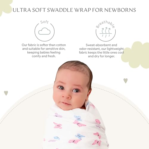 Image of Muslin Baby Swaddle - Breathable Receiving Blankets for Newborn Baby, 70% Viscose derived from Bamboo, 30% Spandex, Imported, Butterfly