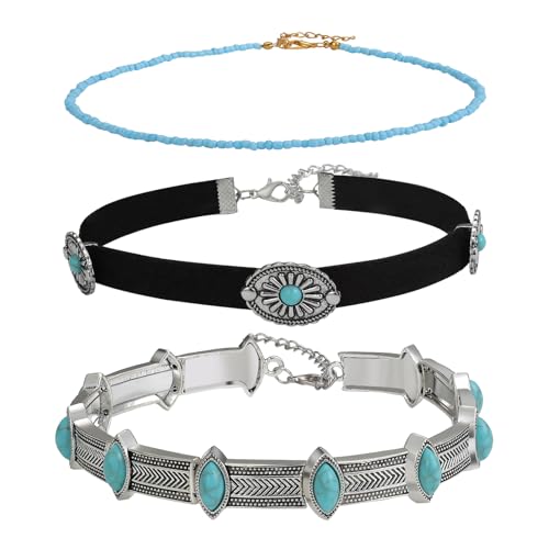 Bijoux gothiques turquoise Flongo ras du cou en velours et perles métal style bohème amérindien