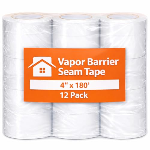 CrawlSpace-DIY Vapor Barrier Tape (12 Pack) 4' x 180' - Heavy Duty White Polyethylene Seam Tape for Crawl Space & Basement Encapsulation, Moisture Barrier Seal