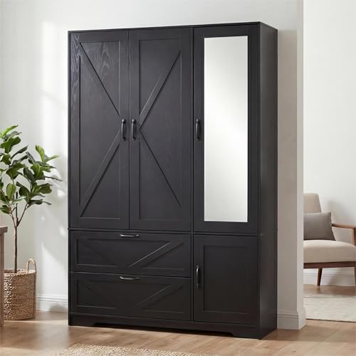 Armoire Wardrobe Closet with Drawers and Mirror, 72" Bedroom Wardrobe Cabinet with Motion Sensor Light, Hanging Rod & Adjustable Shelves, Bedroom Clothing Storage Closet with 3 Doors