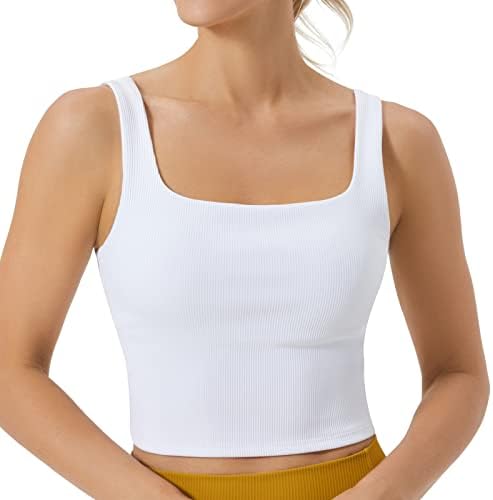 FITTIN Women's Longline Sports Bra - Ribbed Tank Top Built in Bra Workout Camisole Crop Tops - Square Neck Fitness Tank Top - Yoga Sports Tank for Women