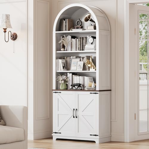 Vividwood 6-Tier Farmhouse Arched Bookshelf Bookcase with Doors, 70" Tall