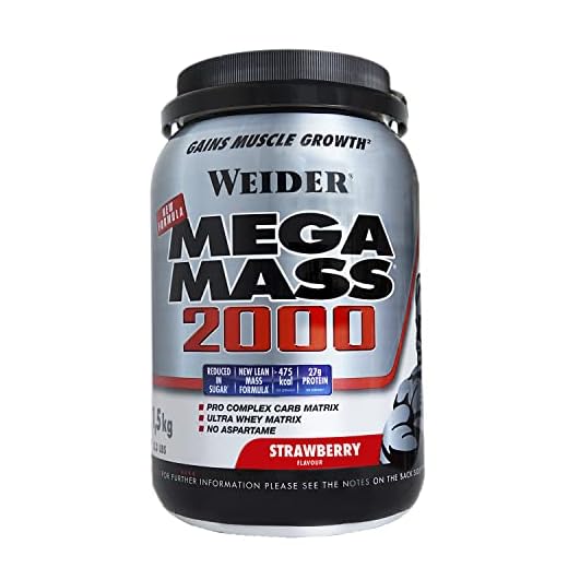 Weider Mega Mass 2000 Sabor Fresa (1500 g). 67% de hidratos y 16% proteínas. Enriquecido con Vitaminas y Minerales. Con menos azúcares