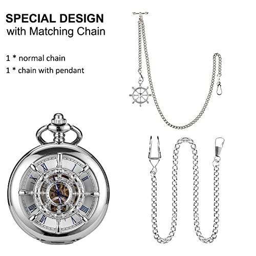 Sibosun Pocket Watch Mechanical Pocket Watch Hollow Rudder Case Skeleton Steampunk Hand Wind Pocket Watches For Men Double Cover Roman Numeral Dial Silver Pocket Watch Antique Vintage #TOP1