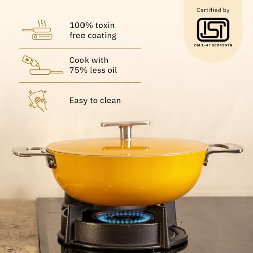 Image of Ember Cookware Arcilla Ceramic Kadai 24 cm, 2.6L with Metallic Lid | 75% Less Oil Usage | Non-Toxic Non-Stick Ceramic Kadai | PFAS & PFOA Free | Steel Handle- Induction Cookware | Benares Gold