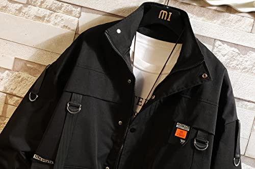 Image of GURUNVANI Men's Techwear Jacket with D-ring Straps | unisex, multi pockets, cyberpunk style, streetwear, webbing straps, full zip up closure, windproof outerwear for men