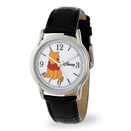 Disney Winnie The Pooh Watch for Men – Classic Character Dial Featuring Pooh Bear – Great Gift for Fans and Collectors – Gold-Tone Case, White Dial, and Black Textured Leather Strap
