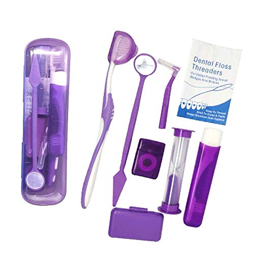 Boxed Portable Orthodontic Care Kit Orthodontic Toothbrush Kit for Braces for Orthodontic Patient Travel Oral Care Kit Dental Travel Kit Interdental Brush Dental Wax Dental Floss (8 Pcs/Pack)-Purple