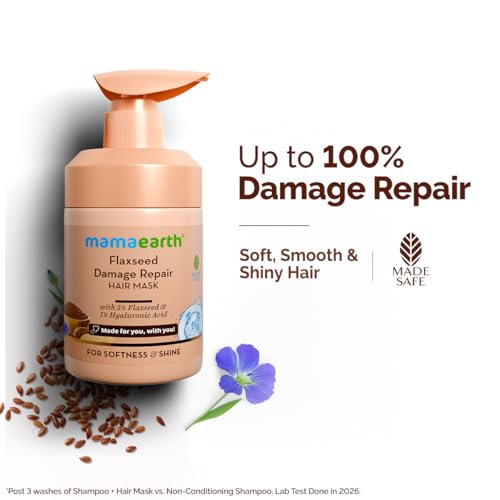 Image of Mamaearth Flaxseed Damage Repair Hair Mask with 5% Flaxseed, 1% Hyaluronic Acid, Ceramides for Soft, Smooth, Shiny Hair - 300 ml | 100% Damage Repair | For Dry & Frizzy Hair | Sulphate & Paraben Free