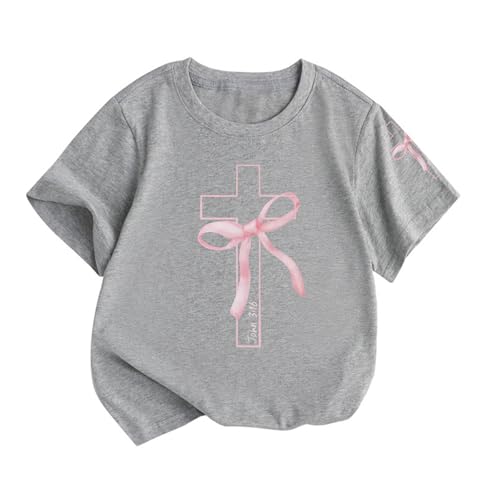Image of Girls Cute Christian Shirts Kids Pink Bow Shirt Jesus God Faith Tshirts Aesthetic Cross Bible Verse Graphic Tee Tops