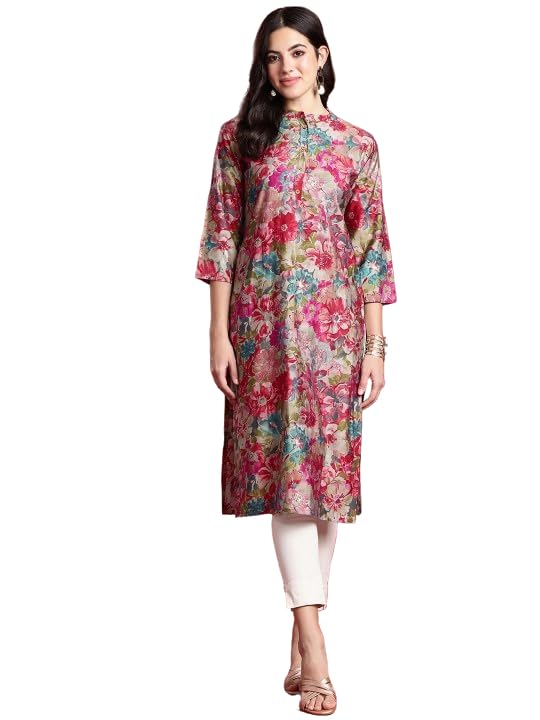 Amazon Brand – Tavasya Women Floral Printed Fashion Long Straight Knee Lenght with Casual Wear Kurta