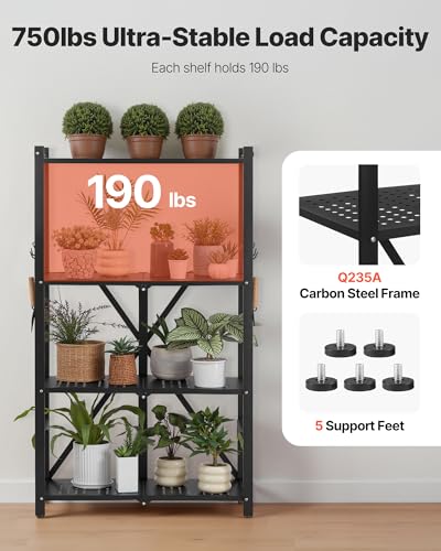Image of VEVOR 4-Tier Foldable Storage Shelf, 26W x 13D x 46H Inch Folding Metal Rack Shelving Unit, No Assembly Organizer Shelf with 5 Wheels & 4 Hooks for Pantry, Kitchen, Garage, Basement, Black