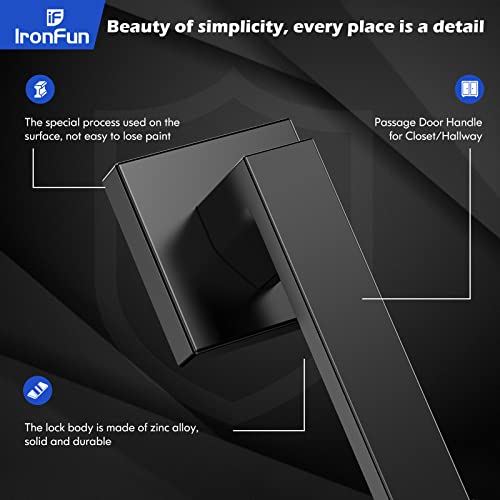 Ironfun Black Closet Door Handles Interior Passage Function, 8-Pack Interior Black Door Knobs Lock For Closet/Hallway, Modern/Commercial/Square/Heavy Duty Door Lever 2.08Lb One Pack #TOP3