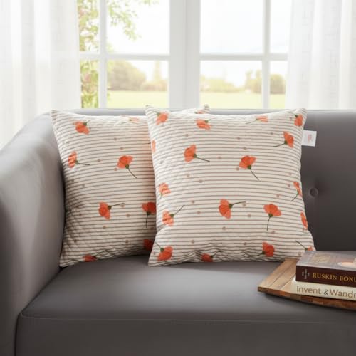 Image of STITCHNEST 'QuadraNest' Series Printed Quilted Velvet Cushion Cover 16x16 Inch Set of 2 | Premium Soft Fabric, Washable & Fade Resistant | Decorative Living Room Cushion Covers | Orange Floral
