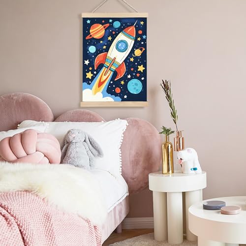 Image of PQKIY Space Rocket Nursery Wall Art Poster Hanger Frame 12x16 in, Retro Universe Space Ship Launching Wall Decor Canvas Prints for Nursery Toddler Boys Kids Room Bedroom Playroom