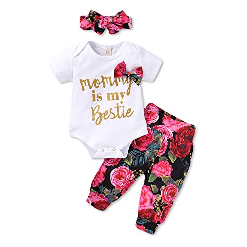 Newborn Baby Girl Clothes Letter Mommy is My Bestie Short Sleeve Romper Tops Floral Pants with Bow Headband 3Pcs Outfits Set 0-3Months