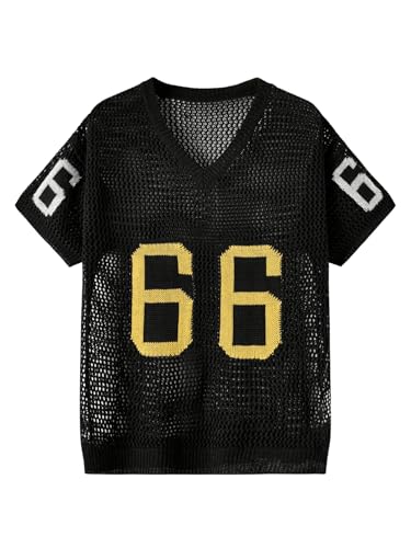 SHENHE Men's Hollow Out Pullover Sweater Letter Graphic Short Sleeve V Neck Knit Sweater Top