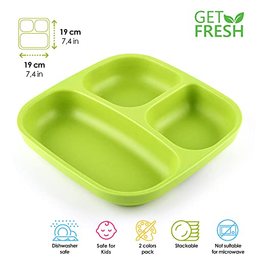 Get Fresh Bamboo Kids Divided Plates Set – 2-Pack Reusable Sectioned Bamboo Childrens Plates For Kids Meals – Colorful Bamboo Toddler Divided Plates Set – Bamboo Kids Dinnerware Compartment Plates #TOP1
