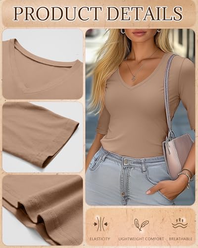 Ficerd 3 Pack Women's Half Sleeve V Neck T Shirts, Cotton Elbow Length Sleeve Shirt Slim Fit Tunic Top Casual Summer Tee3