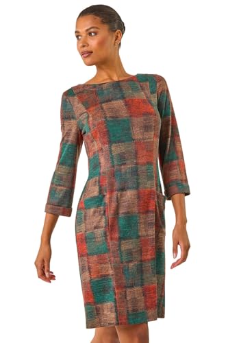 Roman Women Shift Dress with Pockets - Ladies Autumn Winter Tunic 3/4 Length Sleeve Knee Length Smart Casual Office Work Cocktail Party Round Neckline Comfy Soft - Dark Orange - Size 14