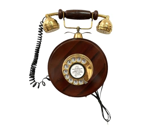 Téléphone fixe rotatif en bois noble et laiton vintage pour mur