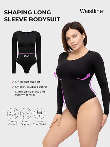 WAISTLINE Women's Long Sleeve Bodysuit - Seamless Tummy Control Shapewear - Body Shaping & Sculpting Shirt