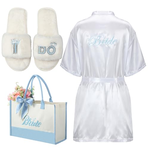 Berlune 3 Pcs Something Blue Gift for Bride Bridal Shower Gift Bride Robes Slippers Tote Bag for Bachelorette Wedding Party(Large)